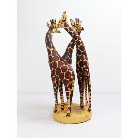 Hand Carved Painted Wooden 3 Giraffe Figurine Statute Dancing Mating Circle 12" - Picture 2 of 8